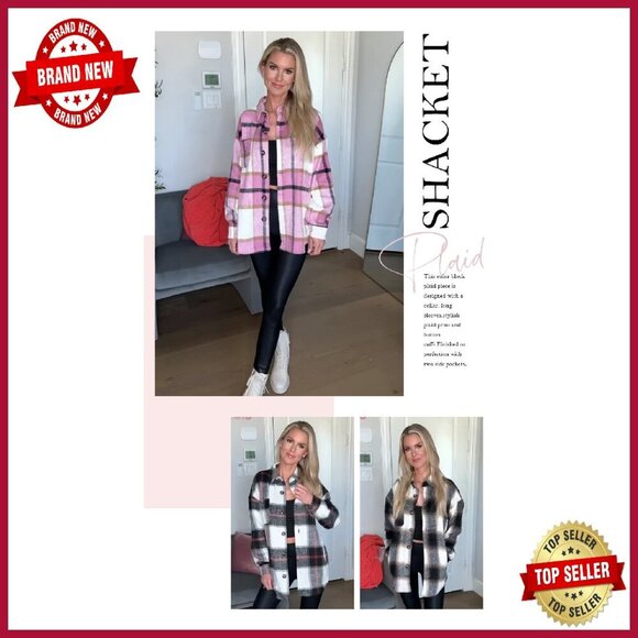 Women's Plaid Shacket Jacket Long Sleeve Button Down Flannel Polyester - Picture 8 of 8